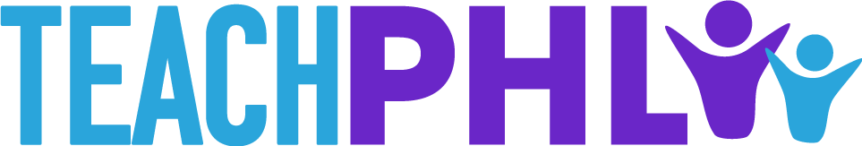Logo reading "TEACHPHL" with "PHL" in purple; the "L" is stylized as a person with raised arms, next to a smaller blue figure, representing philadelphia Teaching Jobs and education opportunities in PA.